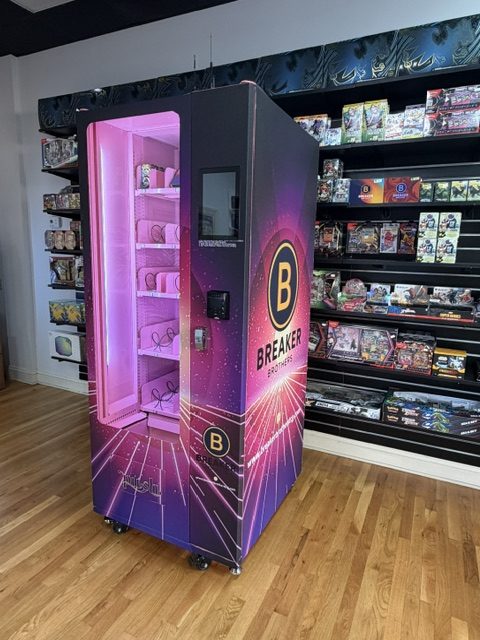 Purple Breaker Brothers vending machine inside the Winchester card shop